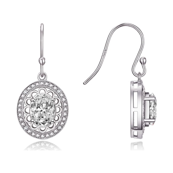 Rylos Sterling Silver Princess Diana Inspired Earrings - 8X6MM Oval White Topaz & Sparkling Diamonds - Exquisite Birthstone Jewelry