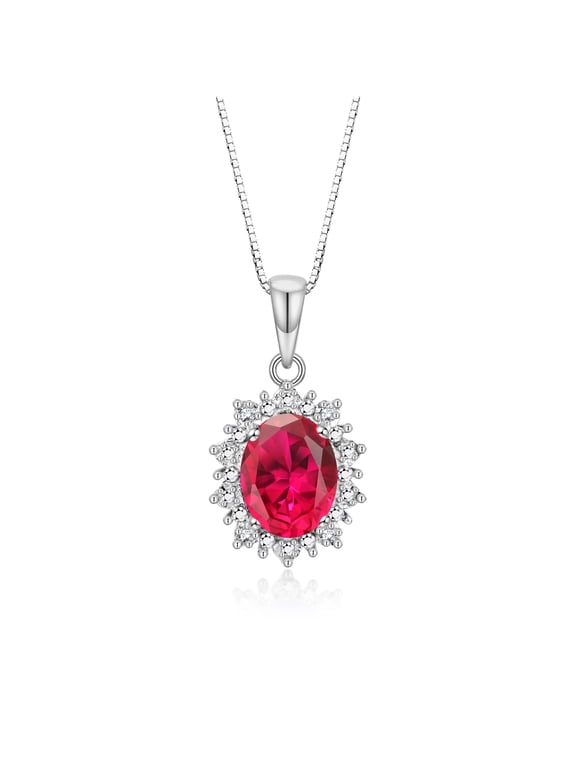 Sterling Silver Princess Diana Inspired Necklace: 9X7MM Ruby & Sparkling Diamonds -  18" Chain Exquisite Birthstone Jewelry