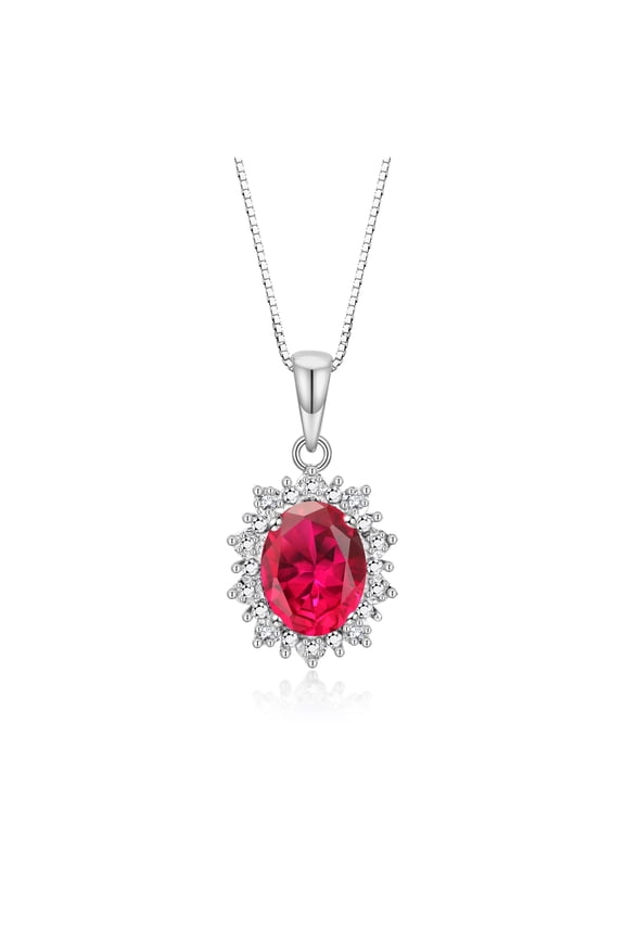 Sterling Silver Princess Diana Inspired Necklace: 9X7MM Ruby & Sparkling Diamonds -  18" Chain Exquisite Birthstone Jewelry