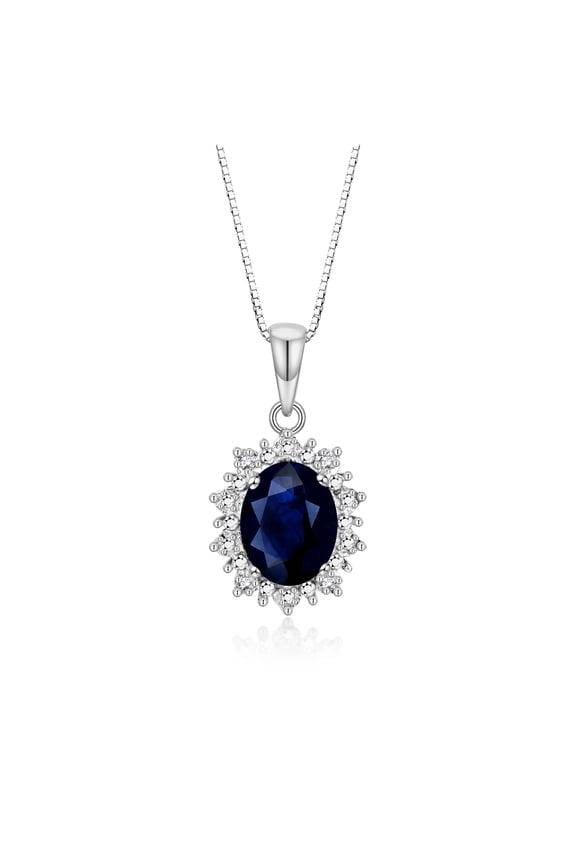 Sterling Silver Princess Diana Inspired Necklace: 9X7MM Sapphire & Sparkling Diamonds - 18" Chain Exquisite Birthstone Jewelry