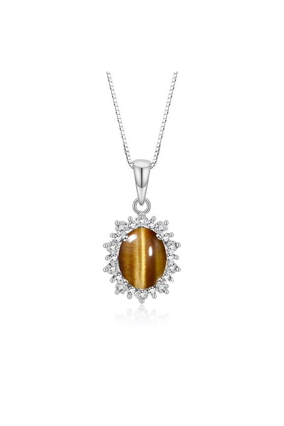 Sterling Silver Princess Diana Inspired Necklace: 9X7MM Tiger Eye & Sparkling Diamonds - 18" Chain Exquisite Birthstone Jewelry