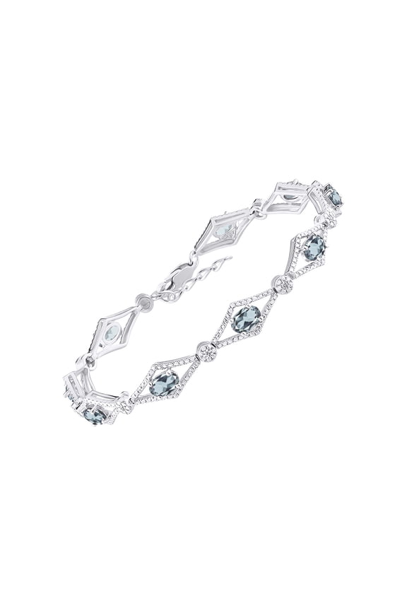 Sterling Silver Tennis Bracelet with 9 Beautiful 6X4MM Aquamarine & Sparkling Diamonds - Birthstone Jewelry for Women - Adjustable to 7-8" - Friendship and Elegance in One