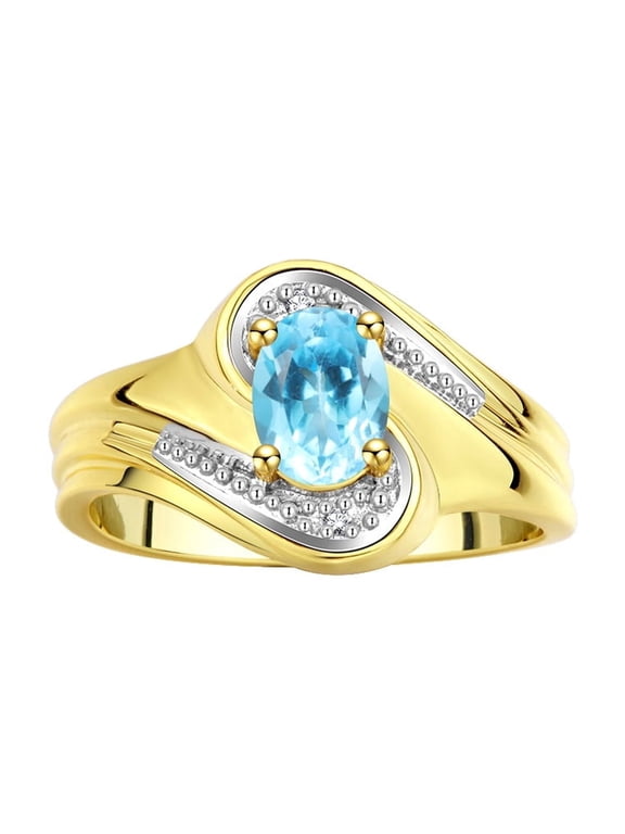 Swirl S Design Birthstone & Lab-Grown Diamond Ring for Women, Blue Topaz, Yellow Gold Plated Silver, Size 5