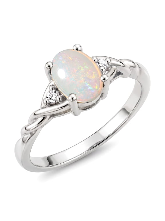 Twisted Rope Design Birthstone & Lab-Grown Diamond Ring for Women, Opal, Sterling Silver, Size 7