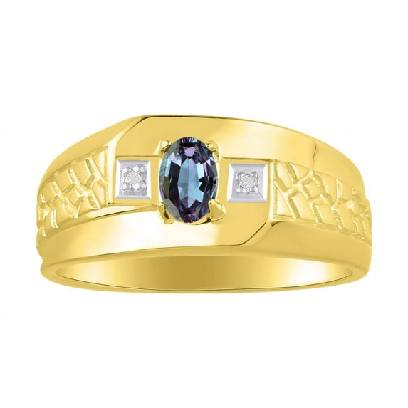 RYLOS Men's Rings Yellow Gold Plated Silver Classic Nugget 6X4MM Oval Gemstone & Diamond Ring Alexandrite June Birthstone Ring Size 10