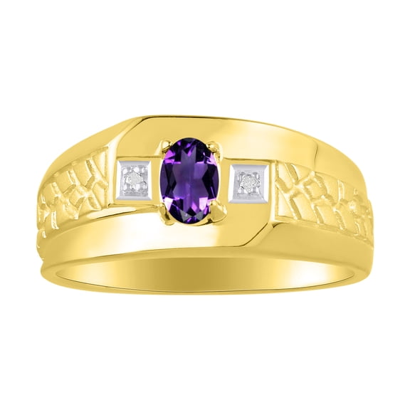RYLOS Men's Rings Yellow Gold Plated Silver Classic Nugget 6X4MM Oval Gemstone & Diamond Ring Amethyst February Birthstone Ring Size 8