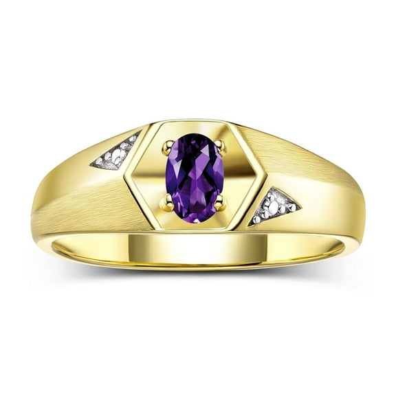 Rylos Yellow Gold Plated Silver Classic 6X4MM Oval Amethyst & Diamond Ring - Birthstone Jewelry for Men -Size 8