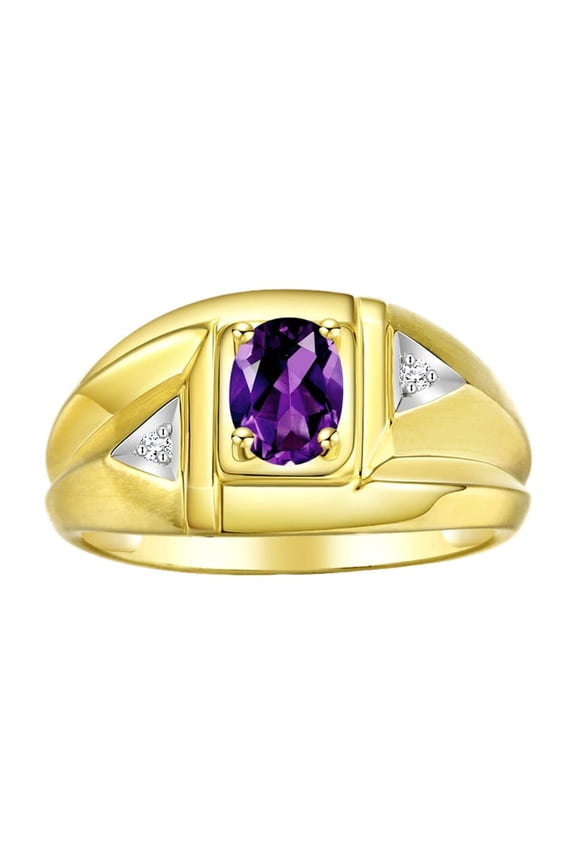 Yellow Gold Plated Silver Classic 6X4MM Oval Amethyst & Sparkling Diamond Ring - Birthstone Jewelry for Men -Size 11