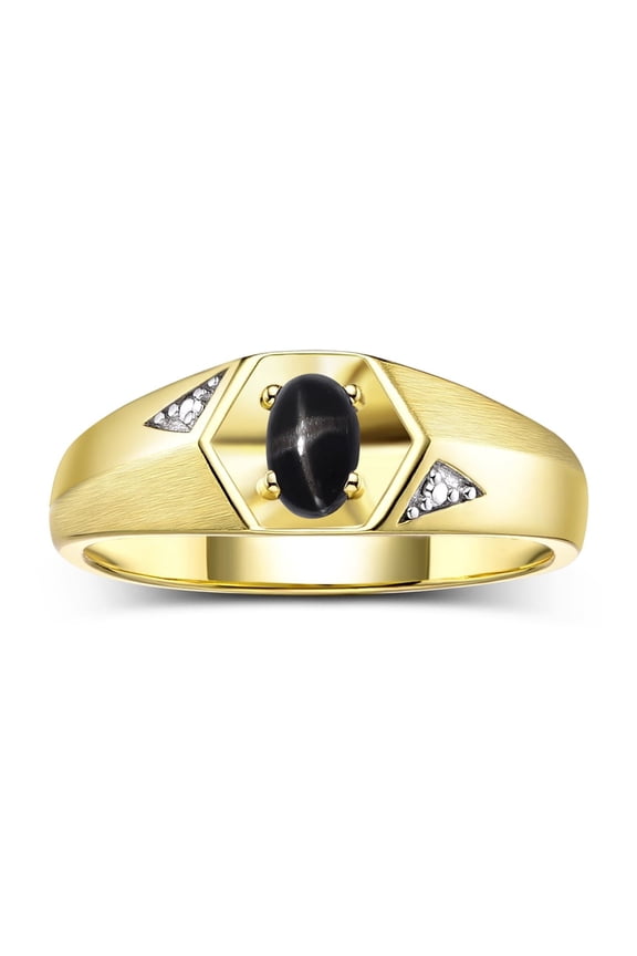 Yellow Gold Plated Silver Classic 6X4MM Oval Black Star Sapphire & Diamond Ring - Birthstone Jewelry for Men -Size 8