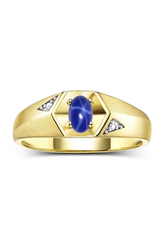 Yellow Gold Plated Silver Classic 6X4MM Oval Blue Star Sapphire & Diamond Ring - Birthstone Jewelry for Men -Size 8