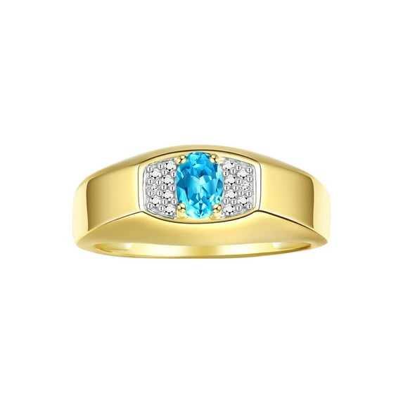 Rylos Yellow Gold Plated Silver Classic 6X4MM Oval Blue Topaz & Sparkling Diamond Ring - Birthstone Jewelry for Men -Size 10