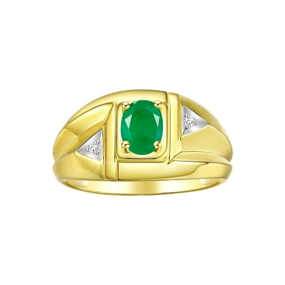 Rylos Yellow Gold Plated Silver Classic 6X4MM Oval Emerald & Sparkling Diamond Ring - Birthstone Jewelry for Men -Size 13