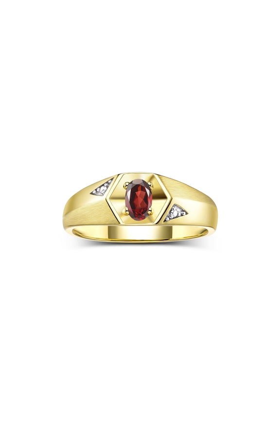 Yellow Gold Plated Silver Classic 6X4MM Oval Garnet & Diamond Ring - Birthstone Jewelry for Men -Size 13