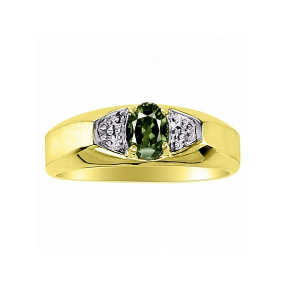 Rylos Yellow Gold Plated Silver Classic 6X4MM Oval Green Sapphire & Diamond Ring - Birthstone Jewelry for Men -Size 11