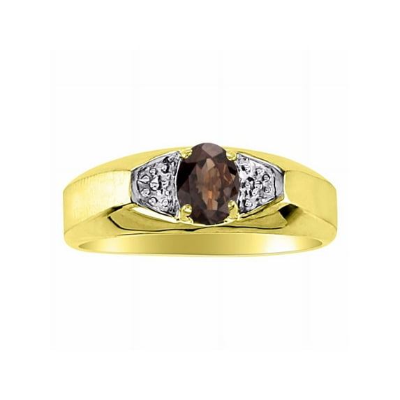 Rylos Yellow Gold Plated Silver Classic 6X4MM Oval Smoky Quartz & Diamond Ring - Birthstone Jewelry for Men -Size 13