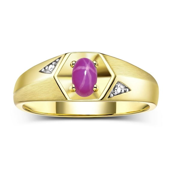 Rylos Yellow Gold Plated Silver Classic 6X4MM Oval Star Ruby & Diamond Ring - Birthstone Jewelry for Men -Size 8