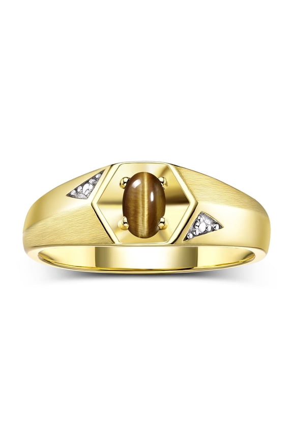 Yellow Gold Plated Silver Classic 6X4MM Oval Tiger Eye & Diamond Ring - Birthstone Jewelry for Men -Size 9