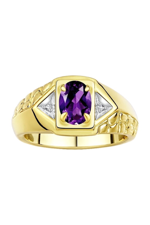 Yellow Gold Plated Silver Classic 7X5MM Oval Amethyst & Sparkling Diamond Ring - Birthstone Jewelry for Men -Size 11