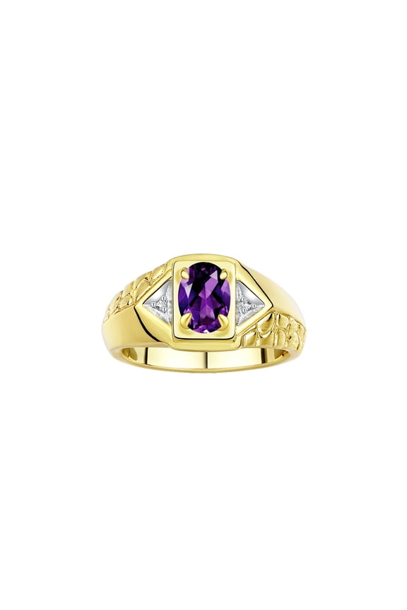 Yellow Gold Plated Silver Classic 7X5MM Oval Amethyst & Sparkling Diamond Ring - Birthstone Jewelry for Men -Size 8