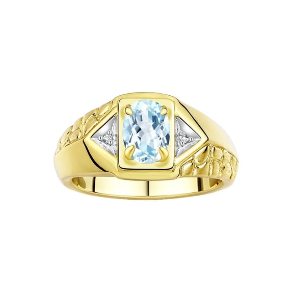 Rylos Yellow Gold Plated Silver Classic 7X5MM Oval Aquamarine & Sparkling Diamond Ring - Birthstone Jewelry for Men -Size 13