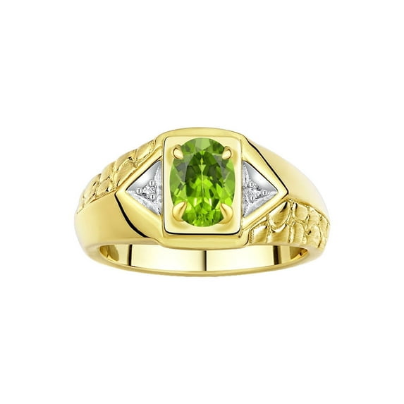 Rylos Yellow Gold Plated Silver Classic 7X5MM Oval Peridot & Sparkling Diamond Ring - Birthstone Jewelry for Men -Size 12