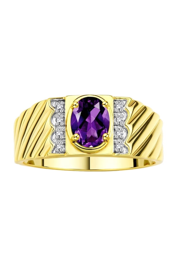 Yellow Gold Plated Silver Classic 8X6MM Oval Amethyst & Sparkling Diamond Ring - Birthstone Jewelry for Men -Size 13