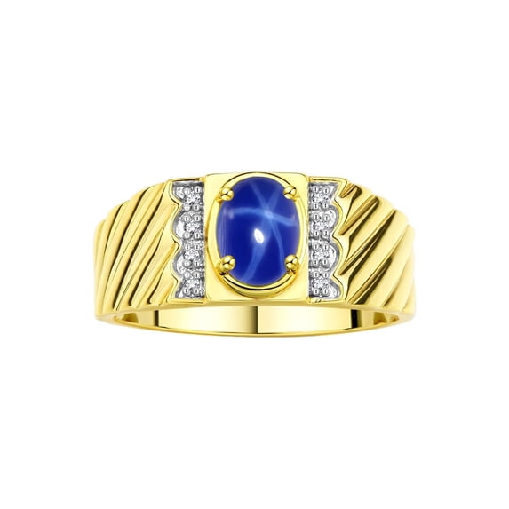 Rylos Yellow Gold Plated Silver Classic 8X6MM Oval Blue Star Sapphire & Sparkling Diamond Ring - Birthstone Jewelry for Men -Size 10