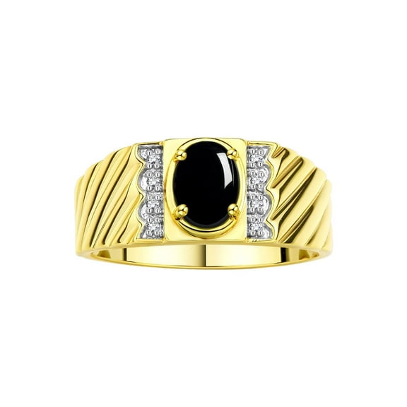 Rylos Yellow Gold Plated Silver Classic 8X6MM Oval Cabochon Onyx & Sparkling Diamond Ring - Birthstone Jewelry for Men -Size 9