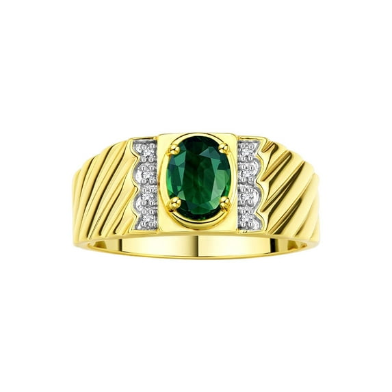 Rylos Yellow Gold Plated Silver Classic 8X6MM Oval Green Sapphire & Sparkling Diamond Ring - Birthstone Jewelry for Men -Size 11