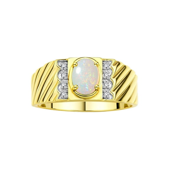 Rylos Yellow Gold Plated Silver Classic 8X6MM Oval Opal & Sparkling Diamond Ring - Birthstone Jewelry for Men -Size 10