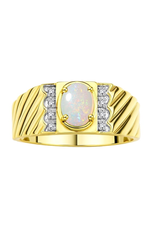 Yellow Gold Plated Silver Classic 8X6MM Oval Opal & Sparkling Diamond Ring - Birthstone Jewelry for Men -Size 8