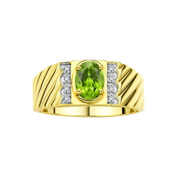 Rylos Yellow Gold Plated Silver Classic 8X6MM Oval Peridot & Sparkling Diamond Ring - Birthstone Jewelry for Men -Size 8