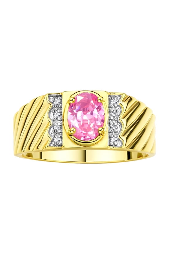 Yellow Gold Plated Silver Classic 8X6MM Oval Pink Ice & Sparkling Diamond Ring - Birthstone Jewelry for Men -Size 8
