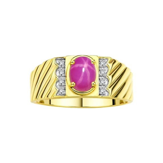 Rylos Yellow Gold Plated Silver Classic 8X6MM Oval Star Ruby & Sparkling Diamond Ring - Birthstone Jewelry for Men -Size 9