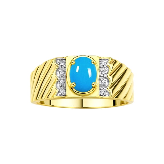 Rylos Yellow Gold Plated Silver Classic 8X6MM Oval Turquoise & Sparkling Diamond Ring - Birthstone Jewelry for Men -Size 12