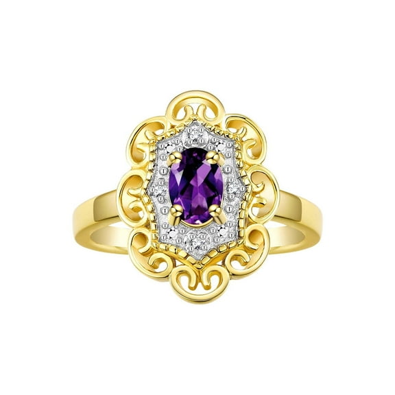 Rylos Yellow Gold Plated Silver Floral Designer Ring with 6x4 MM Oval Amethyst & Sparkling Diamonds - Birthstone Jewelry for Women -Size 5