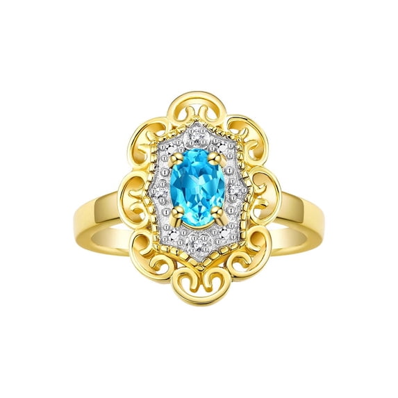 Rylos Yellow Gold Plated Silver Floral Designer Ring with 6x4 MM Oval Blue Topaz & Sparkling Diamonds - Birthstone Jewelry for Women -Size 10