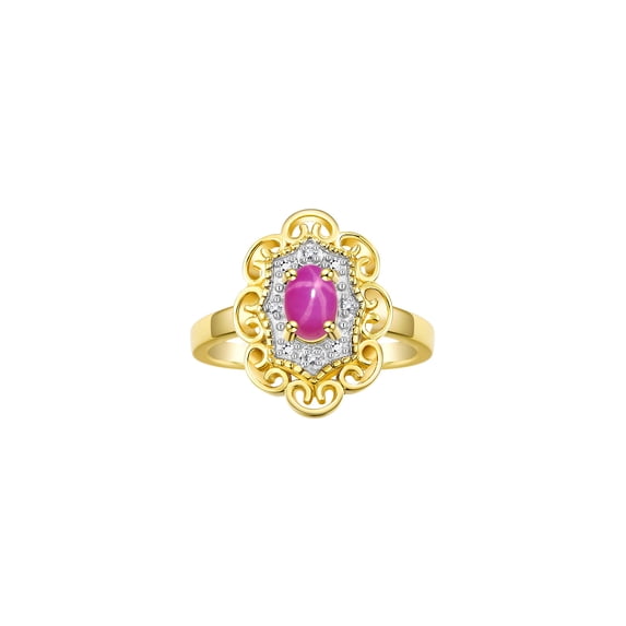 Rylos Yellow Gold Plated Silver Floral Designer Ring with 6x4 MM Oval Star Ruby & Sparkling Diamonds - Birthstone Jewelry for Women -Size 5