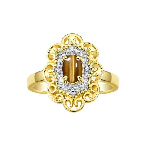 Rylos Yellow Gold Plated Silver Floral Designer Ring with 6x4 MM Oval Tiger Eye & Sparkling Diamonds - Birthstone Jewelry for Women -Size 9