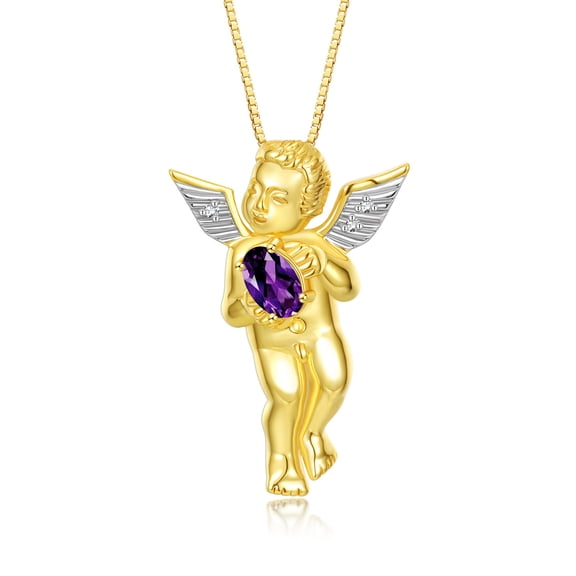 Rylos Yellow Gold Plated Silver Guardian Angel Necklace with 6X4MM Amethyst & Sparkling Diamonds -  18" Chain Exquisite Birthstone Jewelry
