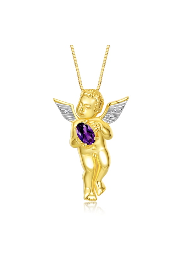 Yellow Gold Plated Silver Guardian Angel Necklace with 6X4MM Amethyst & Sparkling Diamonds - 18" Chain Exquisite Birthstone Jewelry