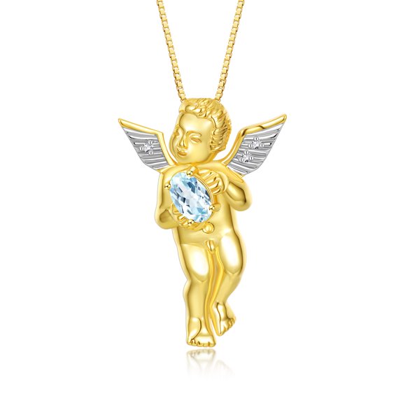 Rylos Yellow Gold Plated Silver Guardian Angel Necklace with 6X4MM Aquamarine & Sparkling Diamonds - 18" Chain Exquisite Birthstone Jewelry