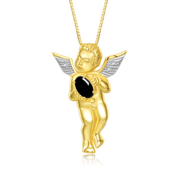 Rylos Yellow Gold Plated Silver Guardian Angel Necklace with 6X4MM Cabochon Onyx & Sparkling Diamonds - 18" Chain Exquisite Birthstone Jewelry
