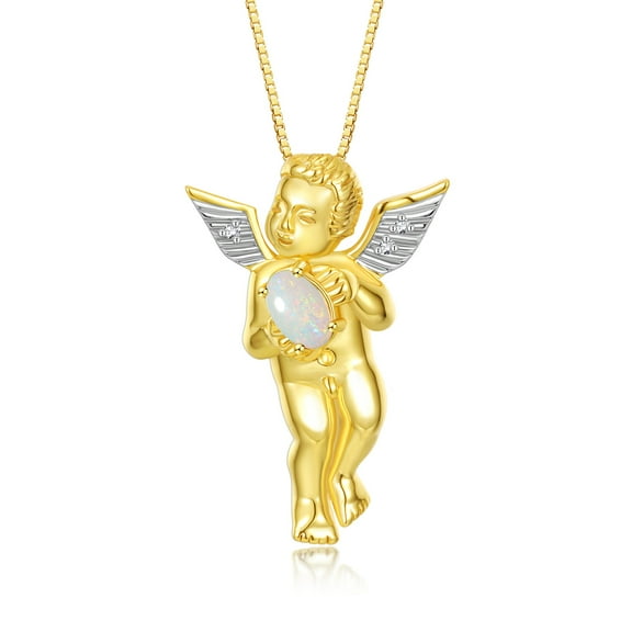 Rylos Yellow Gold Plated Silver Guardian Angel Necklace with 6X4MM Opal & Sparkling Diamonds - 18" Chain Exquisite Birthstone Jewelry