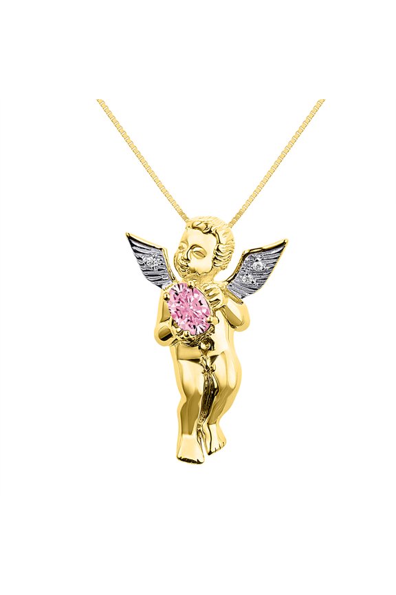Yellow Gold Plated Silver Guardian Angel Necklace with 6X4MM Pink Ice & Sparkling Diamonds -  18" Chain Exquisite Birthstone Jewelry