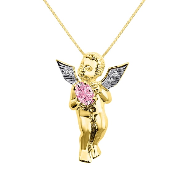 Rylos Yellow Gold Plated Silver Guardian Angel Necklace with 6X4MM Pink Ice & Sparkling Diamonds - 18" Chain Exquisite Birthstone Jewelry