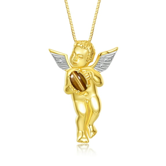 Rylos Yellow Gold Plated Silver Guardian Angel Necklace with 6X4MM Tiger Eye & Sparkling Diamonds - 18" Chain Exquisite Birthstone Jewelry