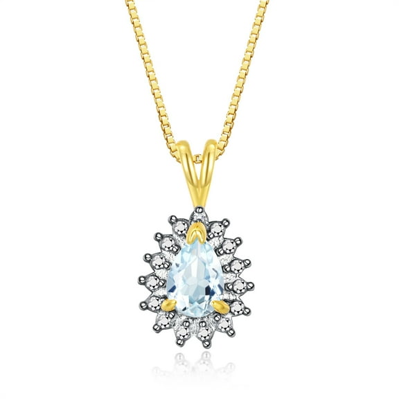 Rylos Yellow Gold Plated Silver Halo Pendant Necklace: 6X4MM Tear Drop / Pear Shape Aquamarine & Sparkling Diamonds -  18" Chain Exquisite Birthstone Jewelry
