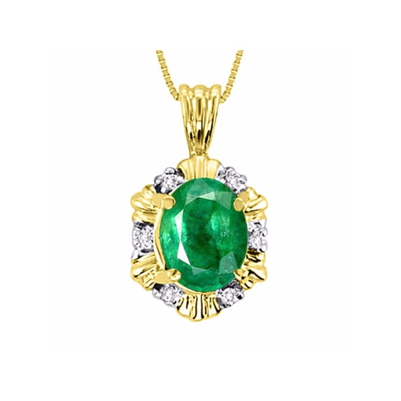 Rylos Yellow Gold Plated Silver Halo Pendant Necklace: 9X7MM Emerald & Sparkling Diamonds - 18" Chain Exquisite Birthstone Jewelry