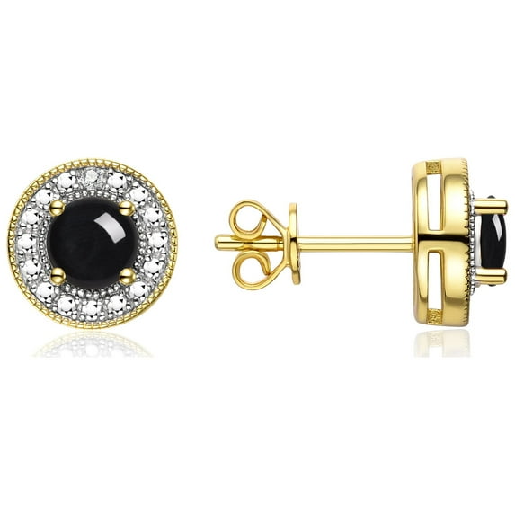 Rylos Yellow Gold Plated Silver Halo Stud Earrings - 4MM Round Cabochon Onyx & Sparkling Diamonds - Exquisite Birthstone Jewelry
